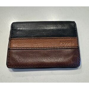 Fossil Leather Wallet Mens Black Brown Rectangle Foldover